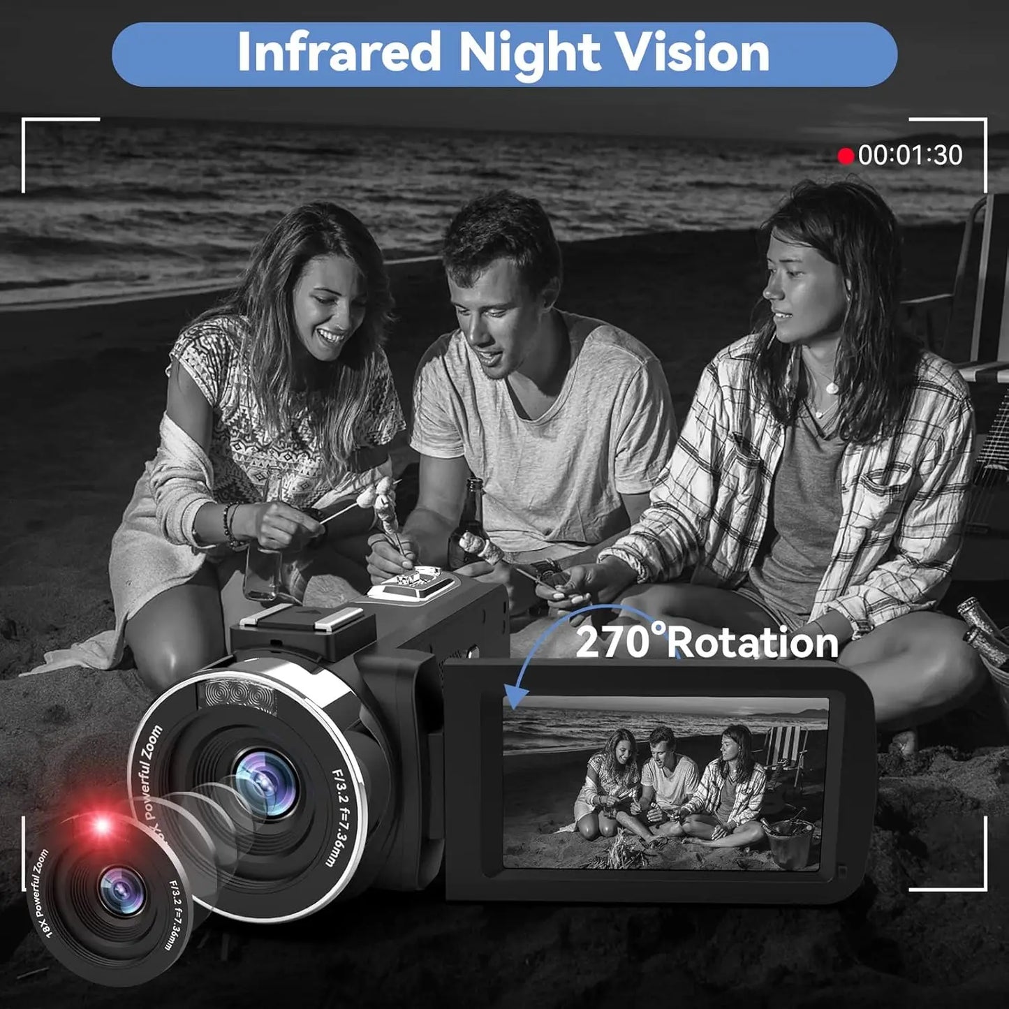 OIXIE 4K Camcorder With 18X Digital Zoom 48MP Vlogging Camera