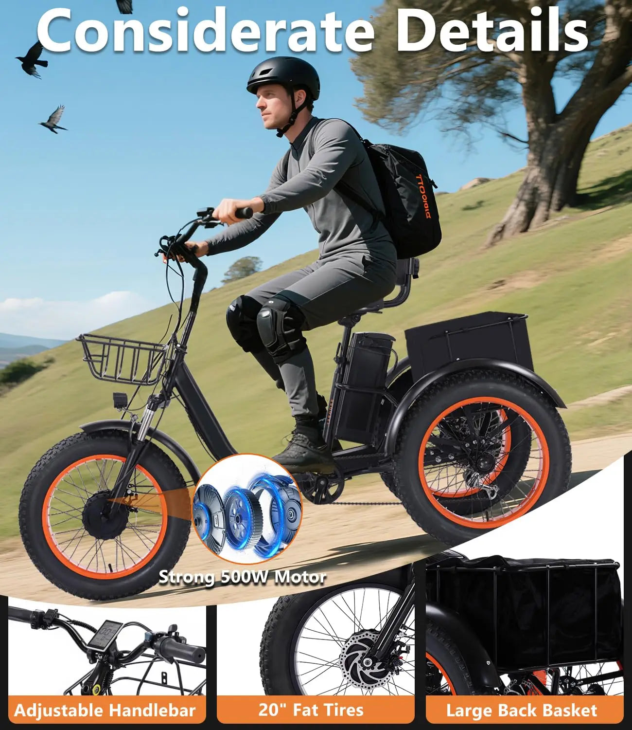 Adult Folding Electric Tricycle 3 Wheel E Bike 500W Battery