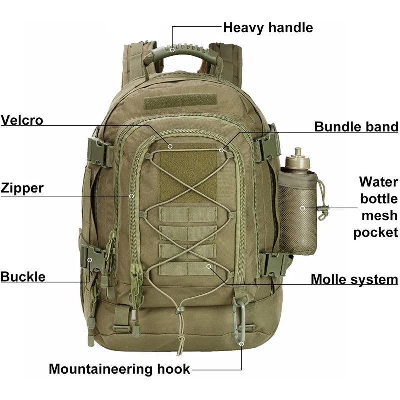 LQARMY 65L Outdoor Tactical Backpack Men's Outdoor Hiking Bag Large Capacity Military Army Bags Travelling Camping Rucksack