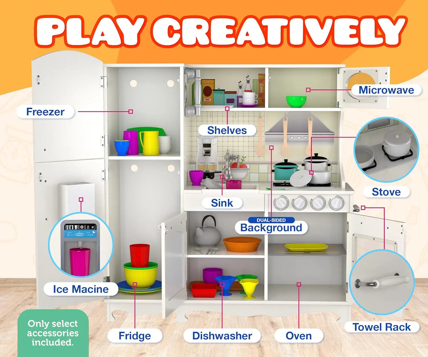 Wooden Play Kitchen for Toddlers & Kids – Pretend Kitchen Set with Sink, Oven, Stove, Microwave, Lights & 9 Accessories – Durabl