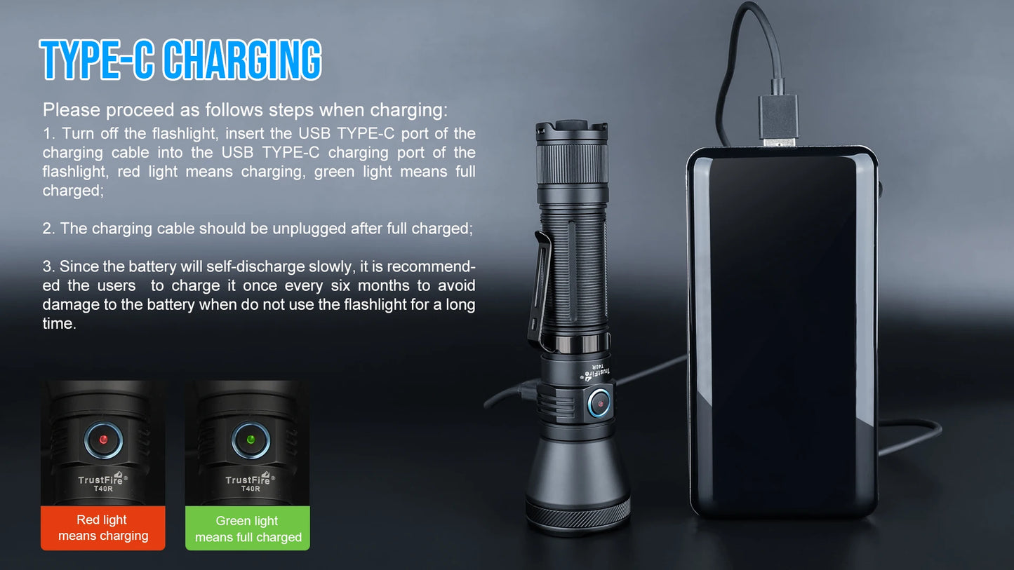 TrustFire T40R Army Tactical LED Flashlight 1800 Lumen USB Rechargeable