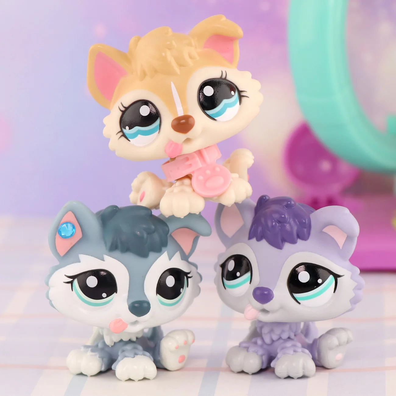 3pcs Pets Shop Toy Purple Husky #1810 #1013 #2036 With Accessories Collect Kids Gift Cute