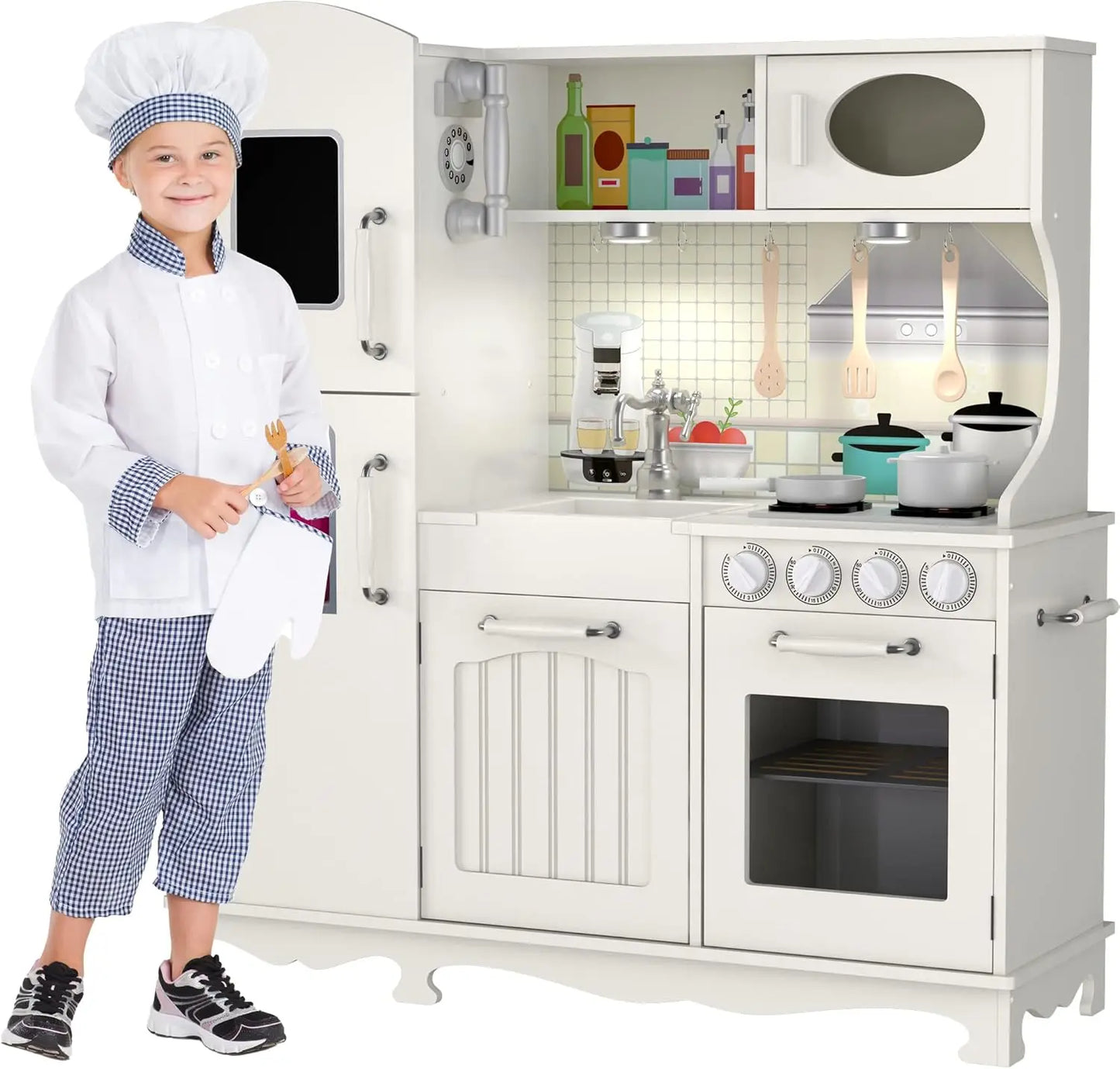 Wooden Play Kitchen for Toddlers & Kids – Pretend Kitchen Set with Sink, Oven, Stove, Microwave, Lights & 9 Accessories – Durabl
