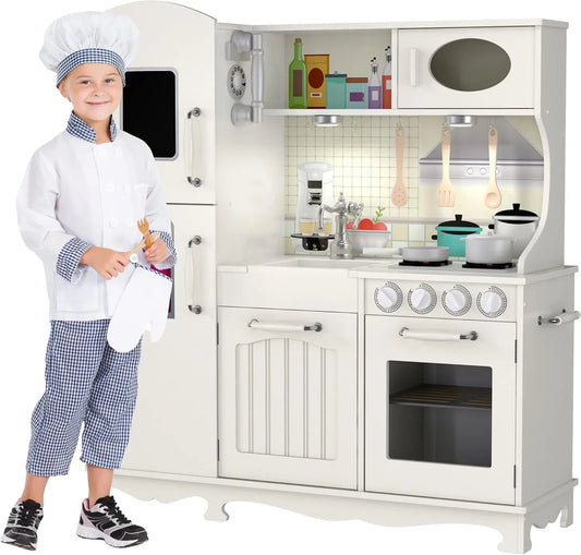 Wooden Play Kitchen for Toddlers & Kids – Pretend Kitchen Set with Sink, Oven, Stove, Microwave, Lights & 9 Accessories – Durabl