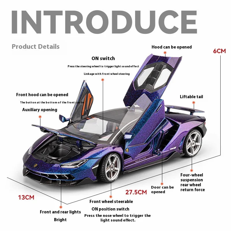Large 1/18 Metal Die-cast LP770 Sports Car Model Simulation Sound and Light Pull Back Tire Shock Absorption Boy Gift