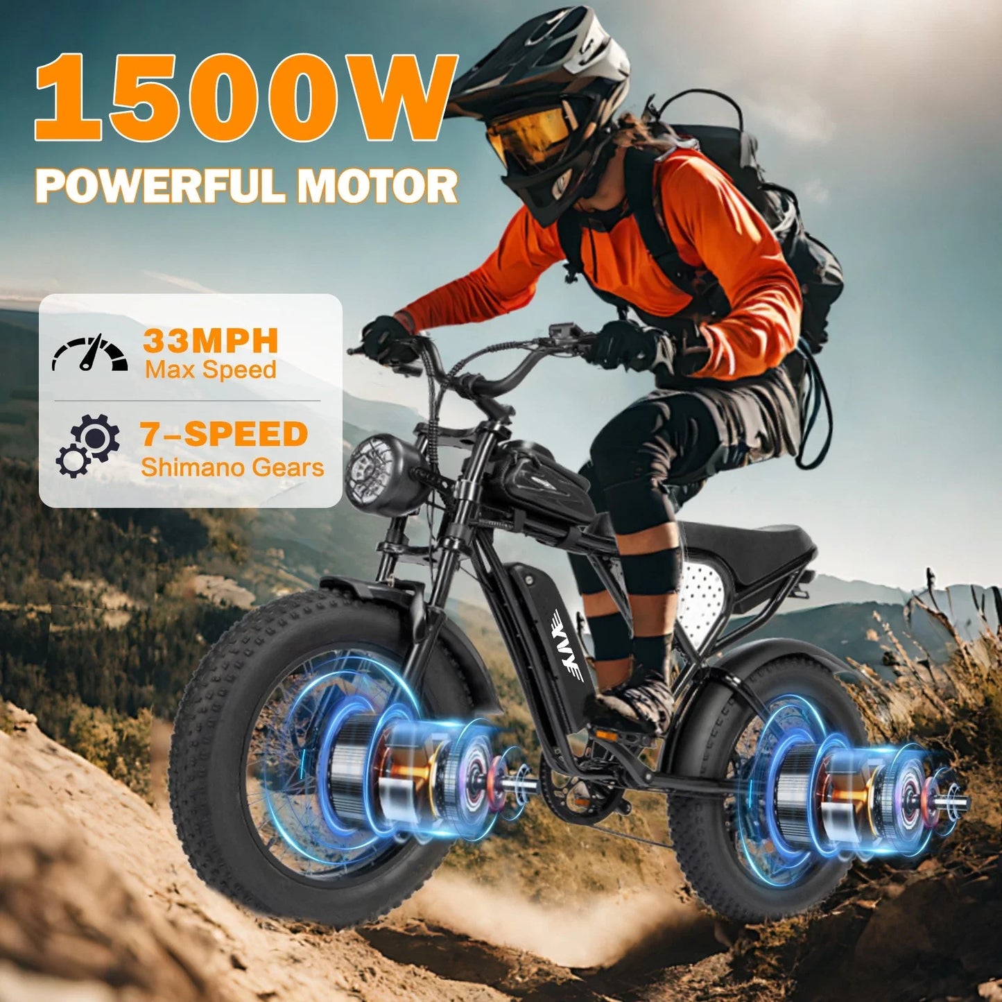 YVY Electric Fat Tire Mountain Bike 1500W 48V 20Ah