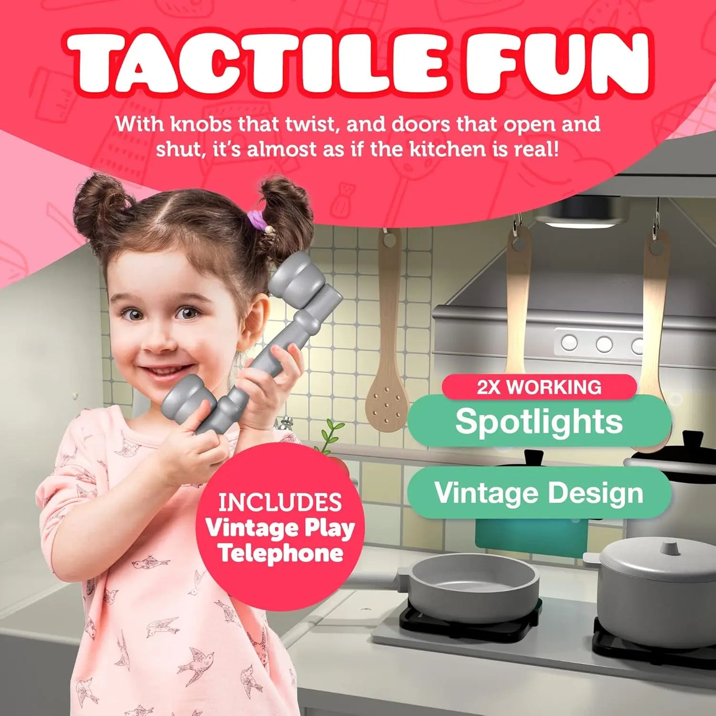 Wooden Play Kitchen for Toddlers & Kids – Pretend Kitchen Set with Sink, Oven, Stove, Microwave, Lights & 9 Accessories – Durabl