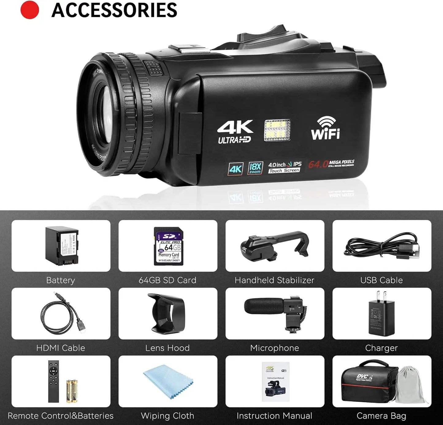 High Definition 4K Camcorder With 18x Zoom And 64GB Card