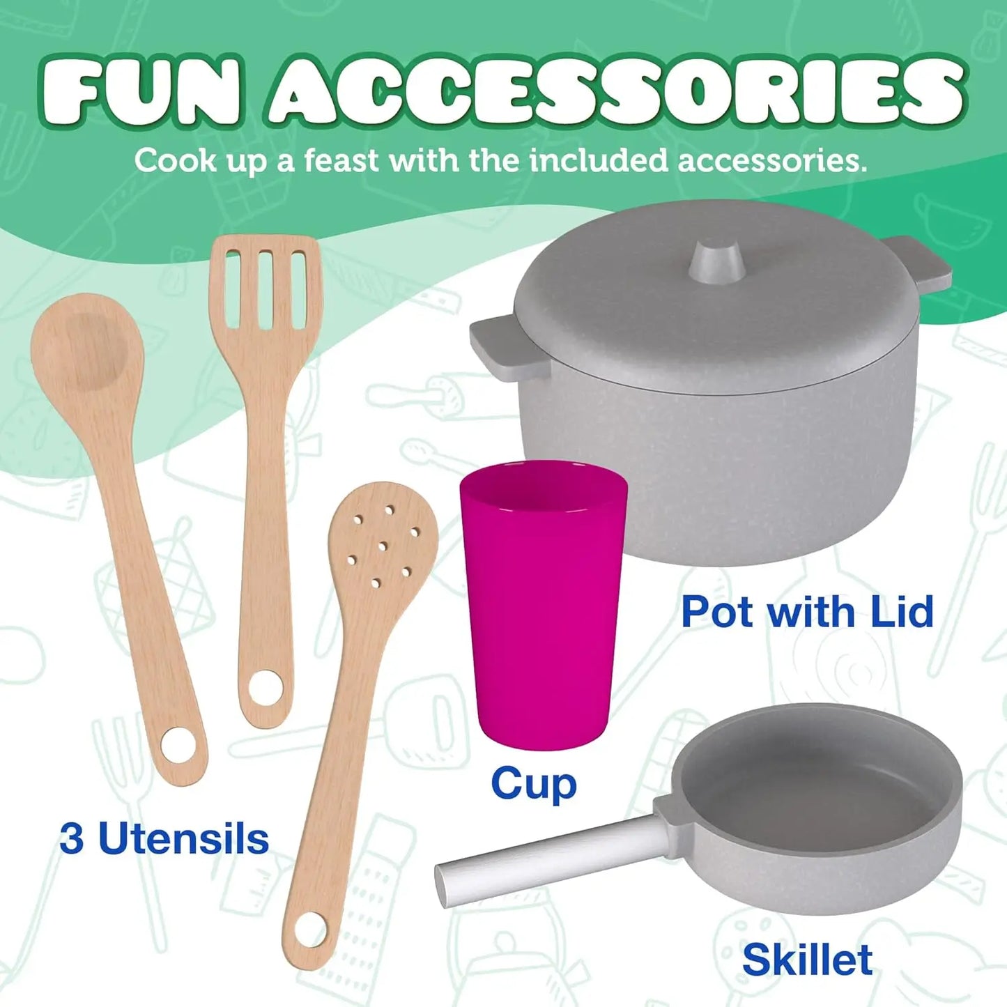 Wooden Play Kitchen for Toddlers & Kids – Pretend Kitchen Set with Sink, Oven, Stove, Microwave, Lights & 9 Accessories – Durabl