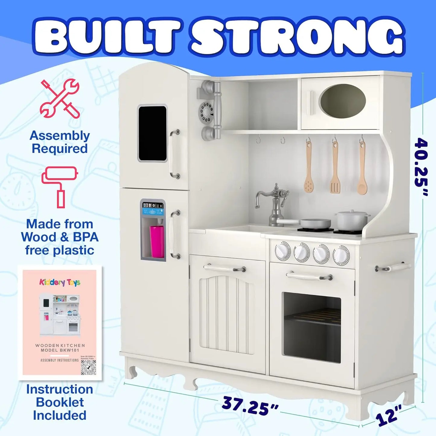 Wooden Play Kitchen for Toddlers & Kids – Pretend Kitchen Set with Sink, Oven, Stove, Microwave, Lights & 9 Accessories – Durabl