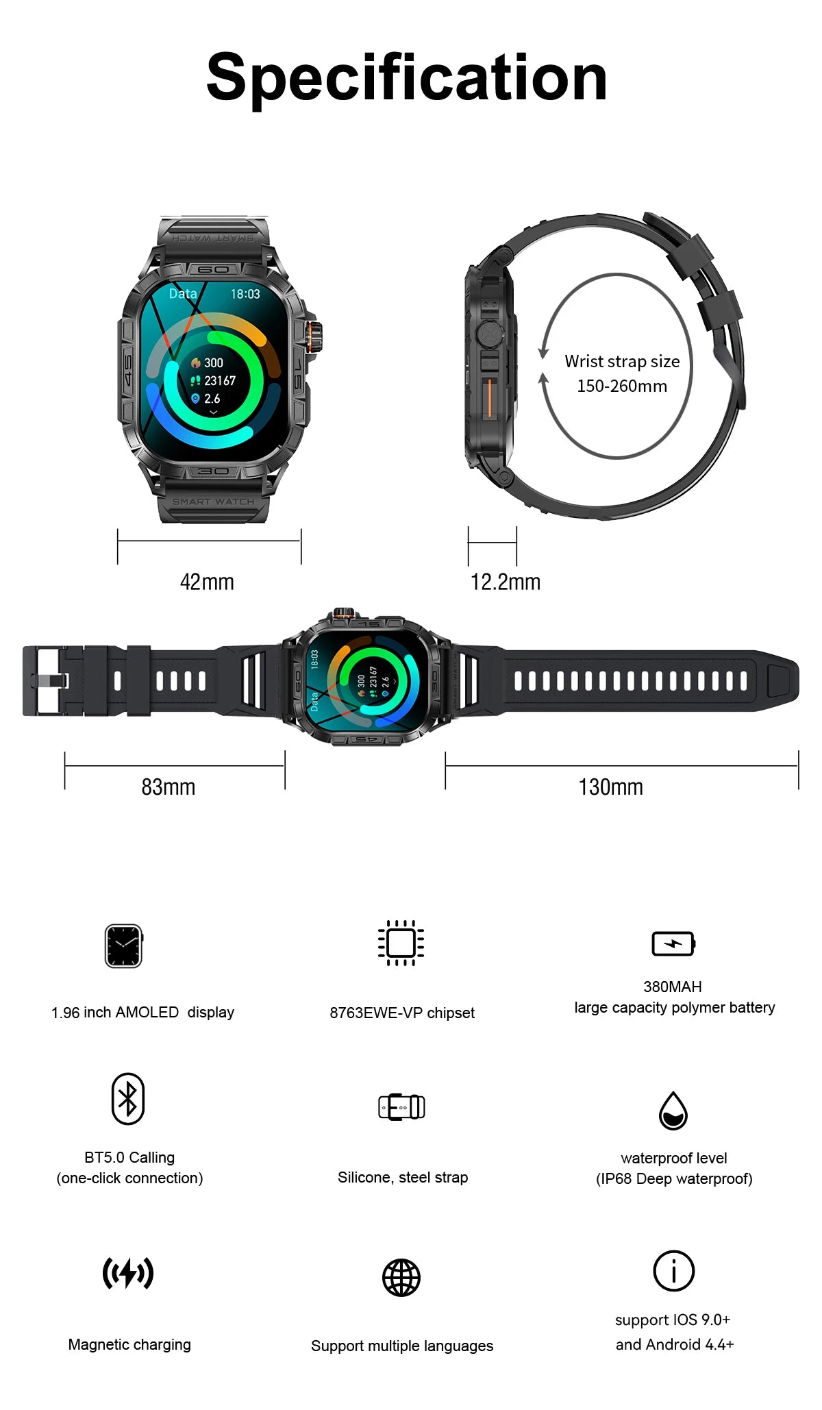 EIGIIS K63 Smart Watch ED Display IP68 Bluetooth Heart Rate