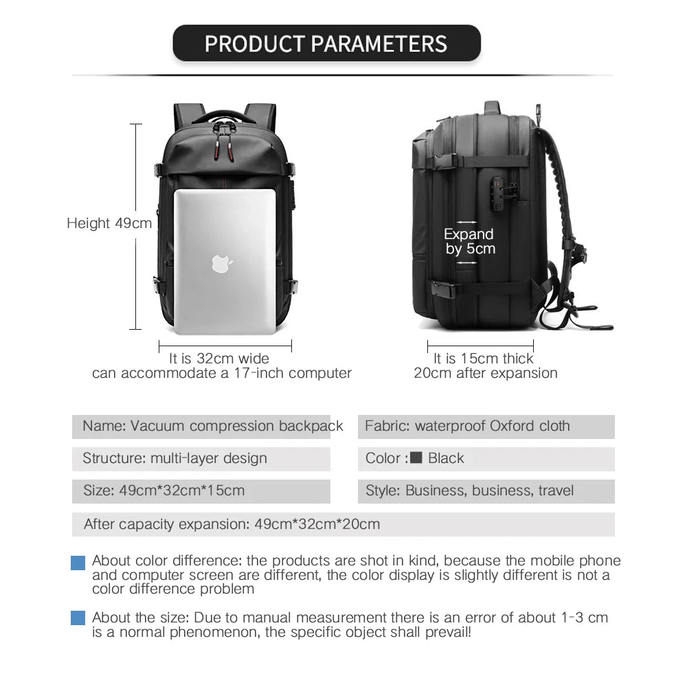 Travel Backpack Vacuum Compression 17 inch Laptop Backpack Business Large Capacity School Backpack Expanded Hiking backpack