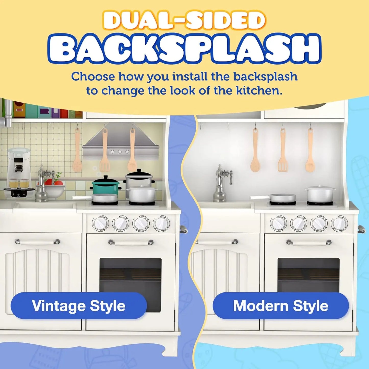 Wooden Play Kitchen for Toddlers & Kids – Pretend Kitchen Set with Sink, Oven, Stove, Microwave, Lights & 9 Accessories – Durabl