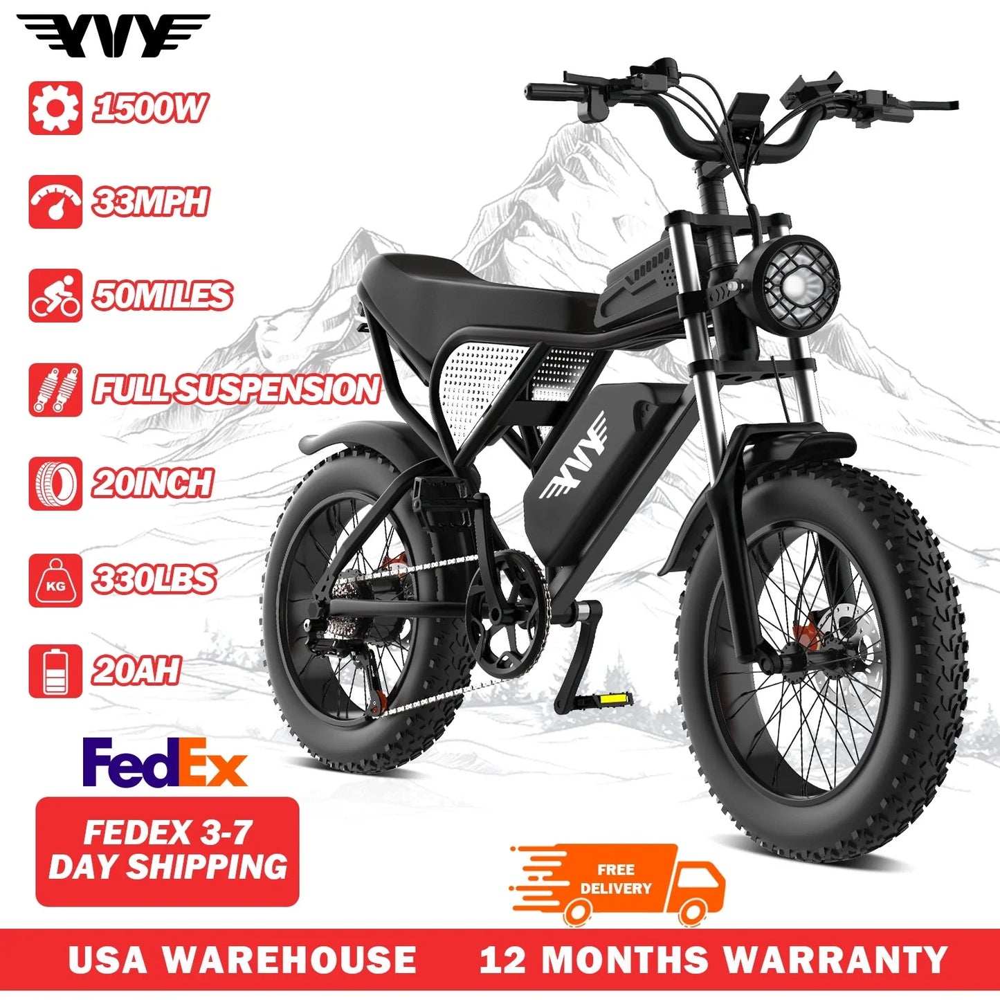 YVY Electric Fat Tire Mountain Bike 1500W 48V 20Ah