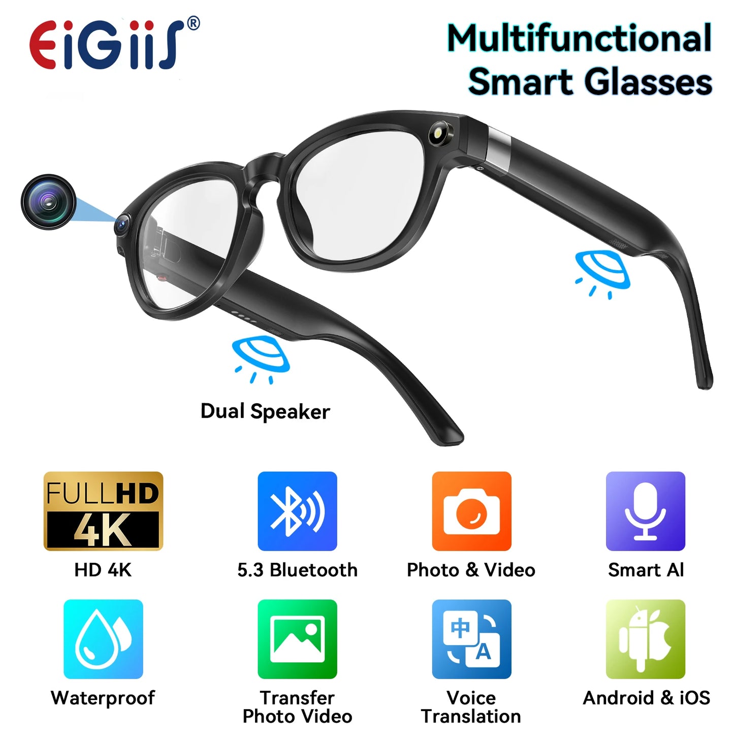 EIGIIS AI Smart Glasses Bluetooth Call With AI Translation
