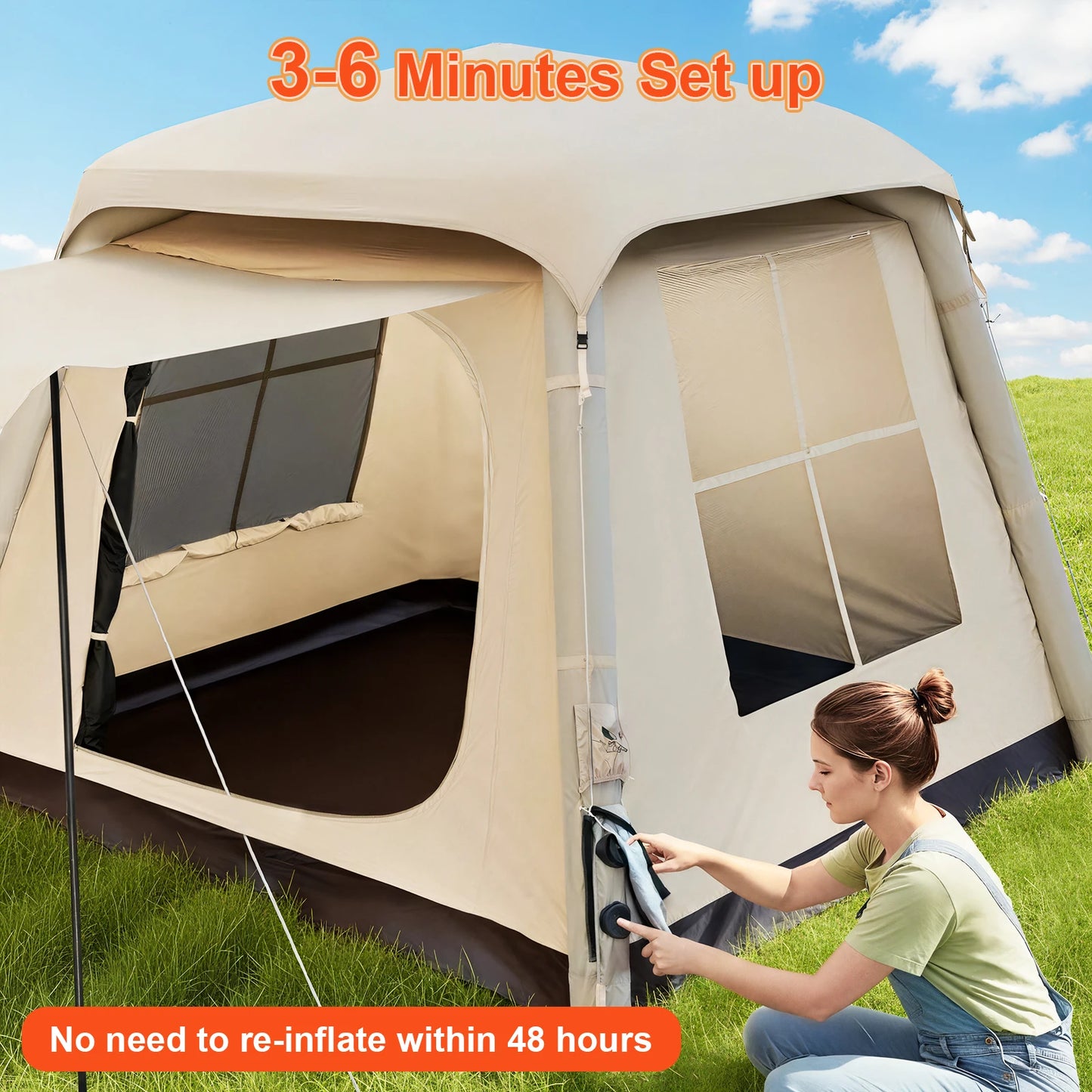 Automatic Inflatable Camping Tent,Easy Set up 3-4 Person Glamping Outdoor 4 Season Air Blow Up Tents.Rainfly & Windproof tent