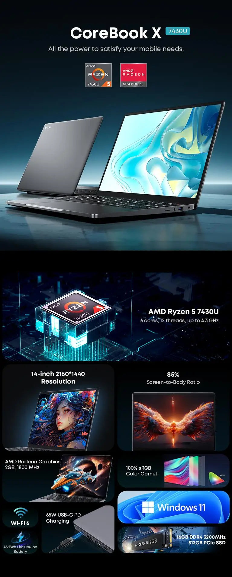 Chuwi CoreBook X Gaming Laptop Ryzen 5 7430U 16GB RAM